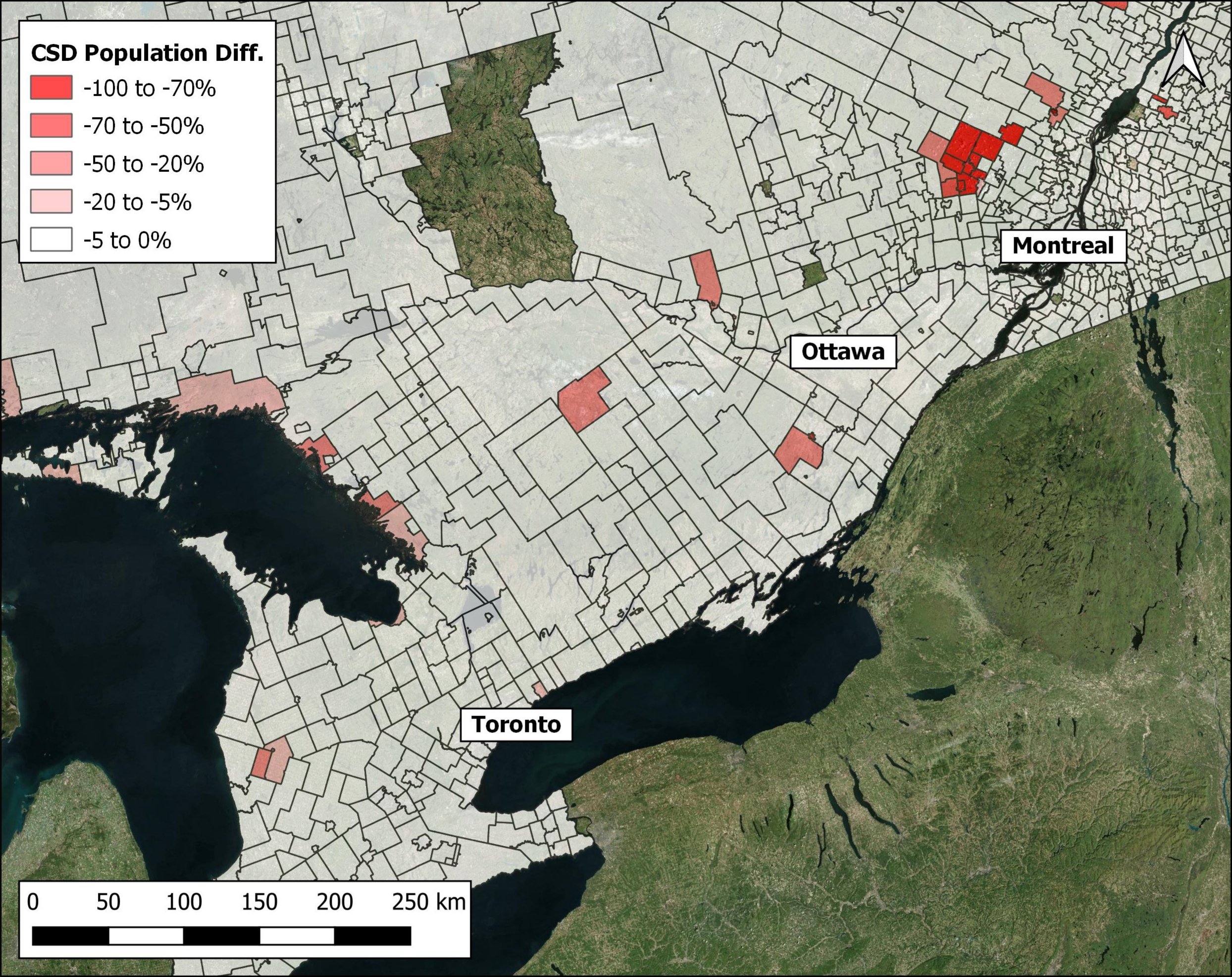 Census sub-divisions with large population differences in the southern part of Quebec and Ontario